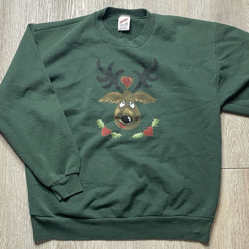 VTG Vintage Jerzees USA Deer Christmas Crewneck Sweatshirt Green L Hand Painted